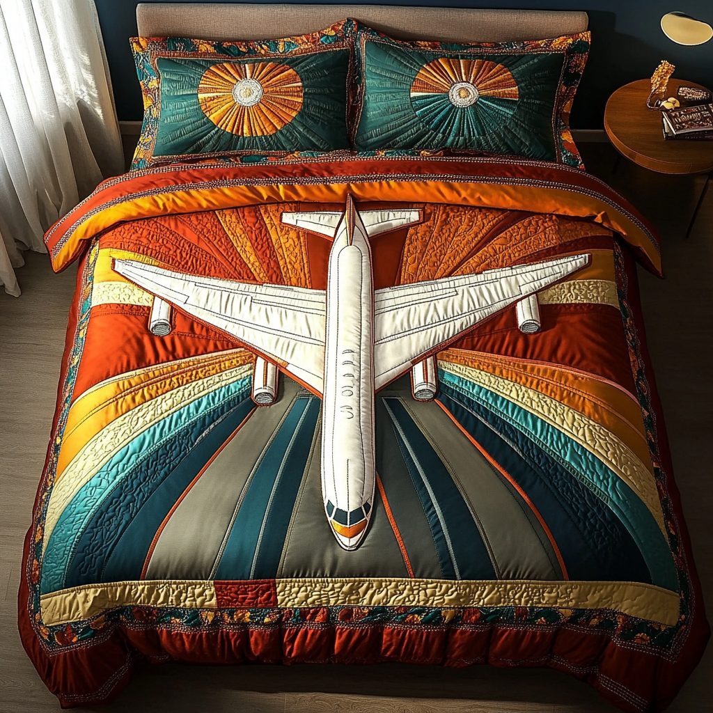 Cloudbound Airplane quilted 3-piece bedding set on a made bed with two matching pillow shams