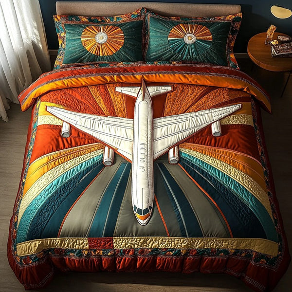 Cloudbound Airplane quilted 3-piece bedding set on a made bed with two matching pillow shams