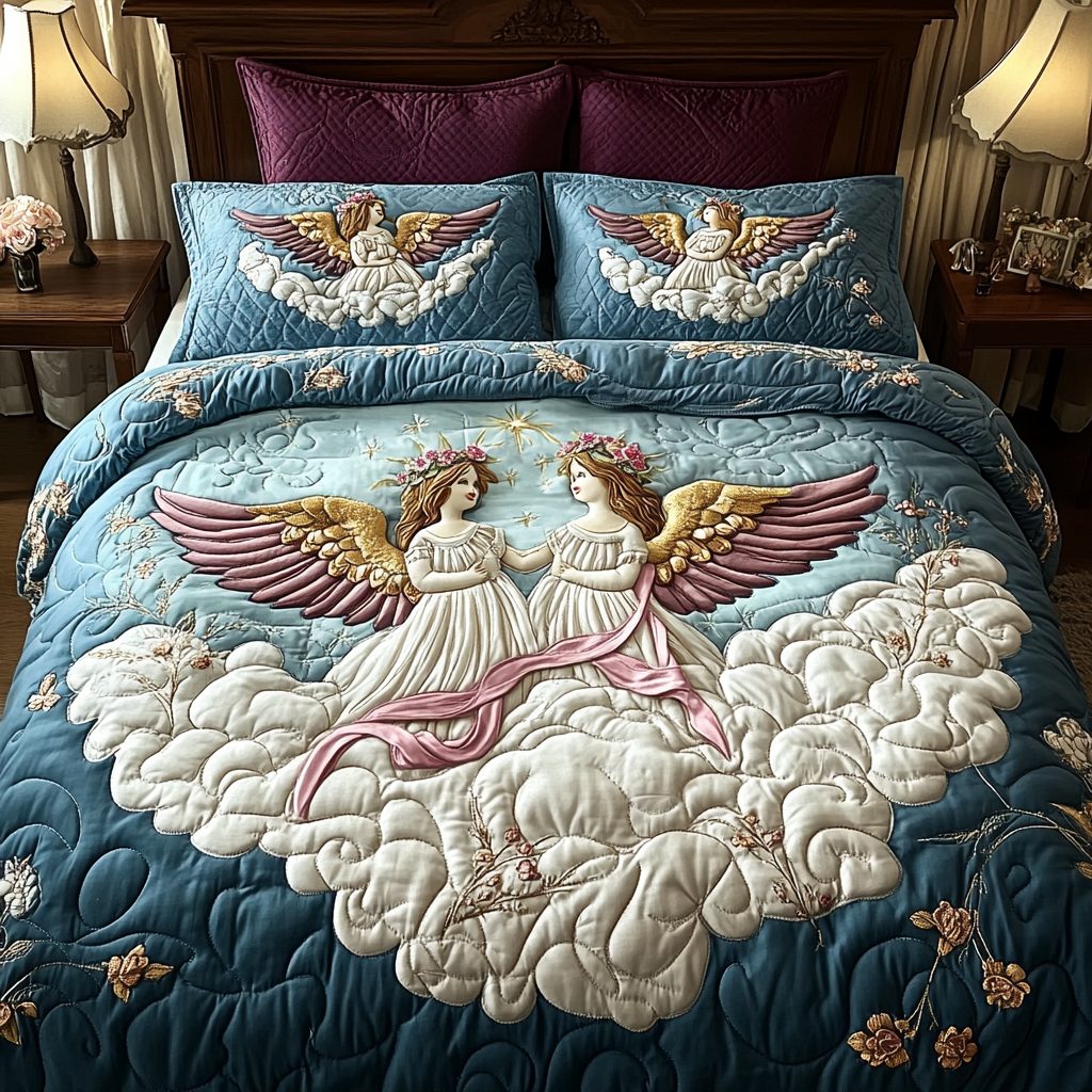 Clouded Bliss quilted 3-piece bedding set on a made bed with two matching pillow shams