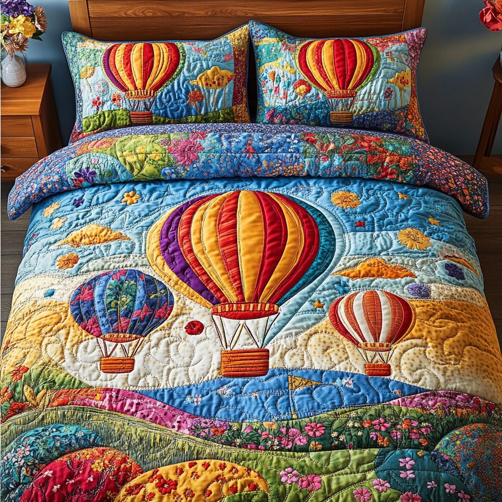 Cloudscape Delight quilted 3-piece bedding set on a made bed with two matching pillow shams