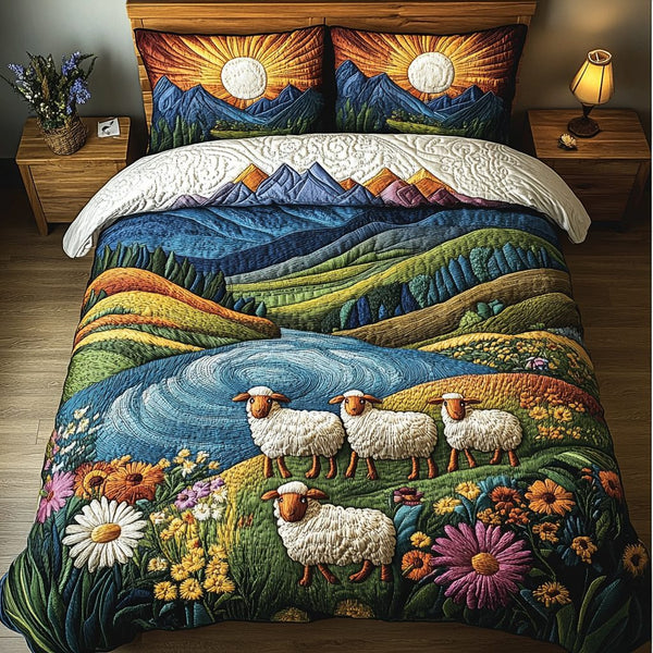 Cloudy Sheep quilted 3-piece bedding set on a made bed with two matching pillow shams