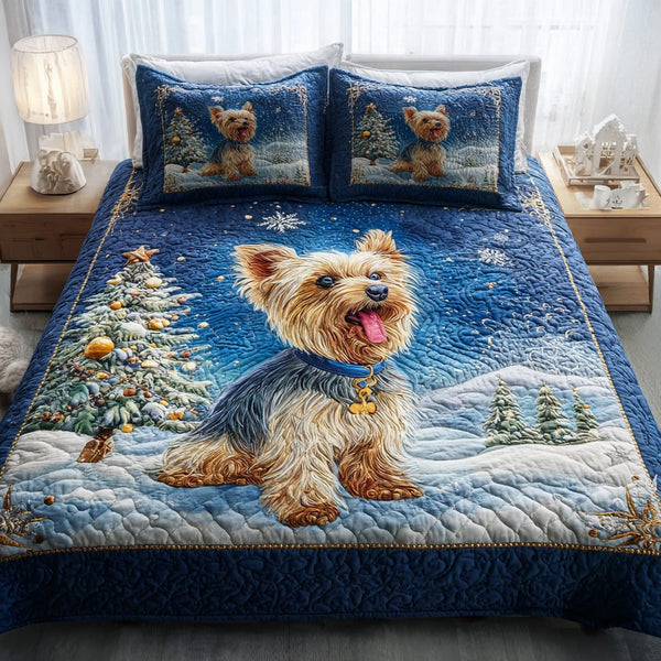 Cloudy Yorkshire Terrier quilted 3-piece bedding set on a made bed with two matching pillow shams