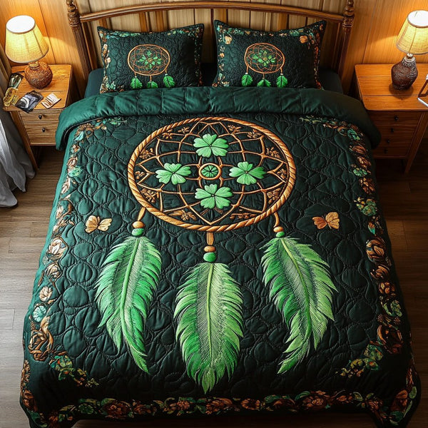 Clover Dreamcatcher quilted 3-piece bedding set on a made bed with two matching pillow shams