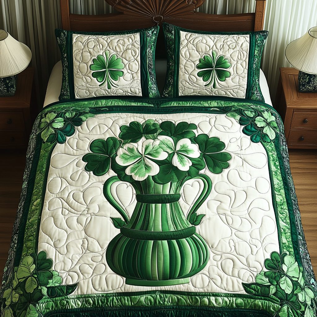 Clover Magic quilted 3-piece bedding set on a made bed with two matching pillow shams