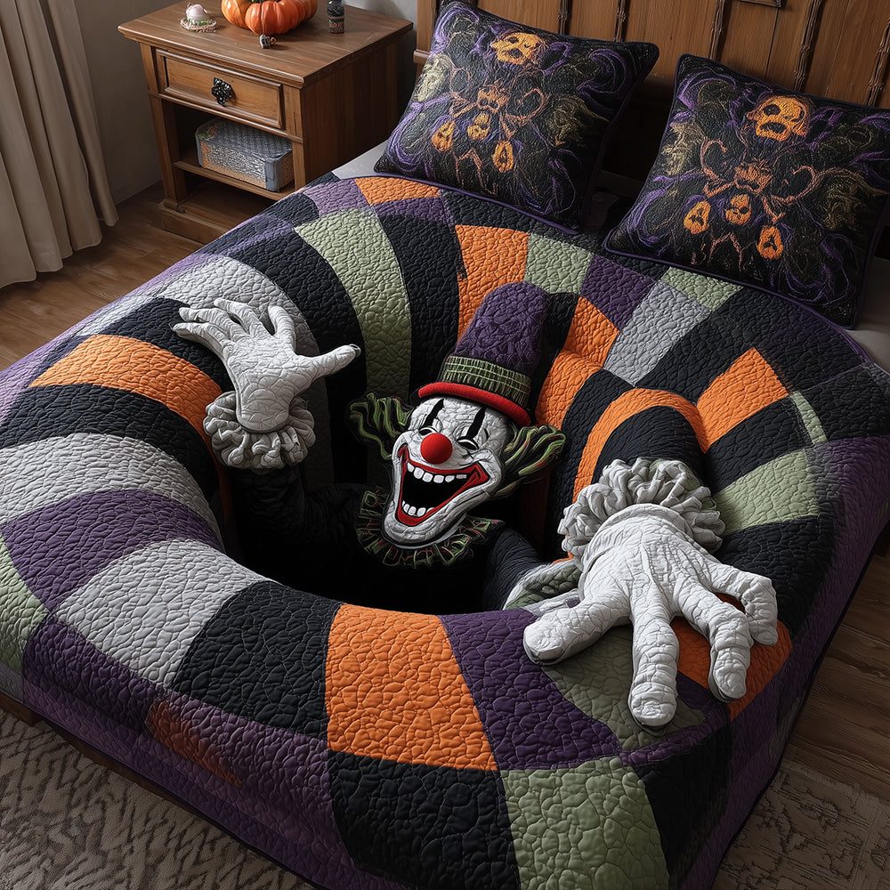 Clown Trap quilted 3-piece bedding set on a made bed with two matching pillow shams