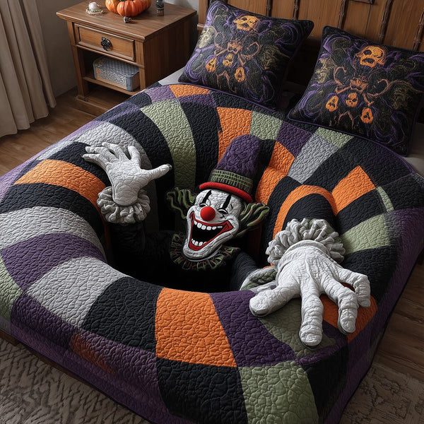 Clown Trap quilted 3-piece bedding set on a made bed with two matching pillow shams