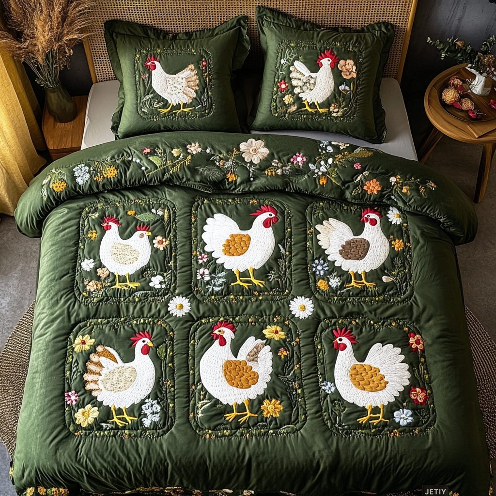 Cluck And Charm quilted 3-piece bedding set on a made bed with two matching pillow shams