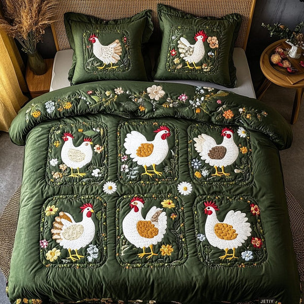 Cluck And Charm quilted 3-piece bedding set on a made bed with two matching pillow shams