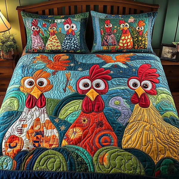 Cluck Charm quilted 3-piece bedding set on a made bed with two matching pillow shams