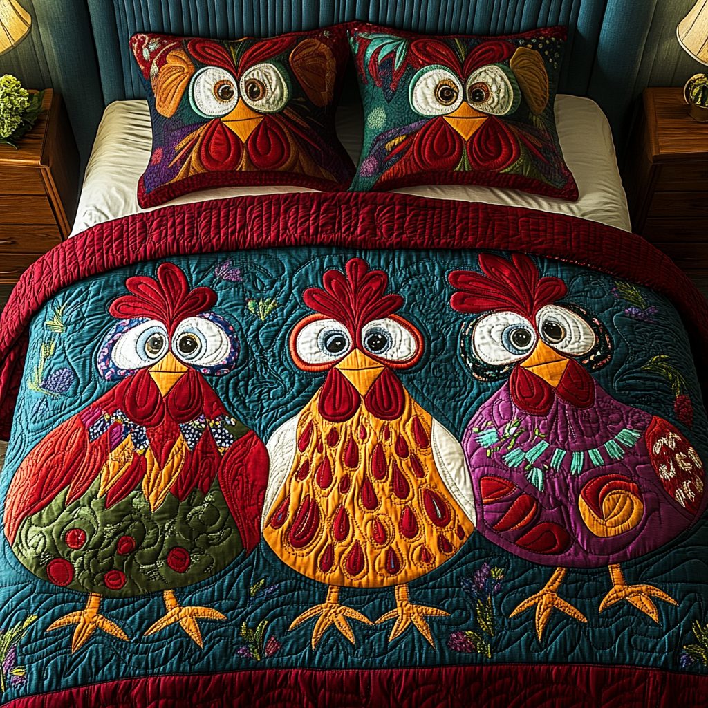 Cluck Cluster quilted 3-piece bedding set on a made bed with two matching pillow shams