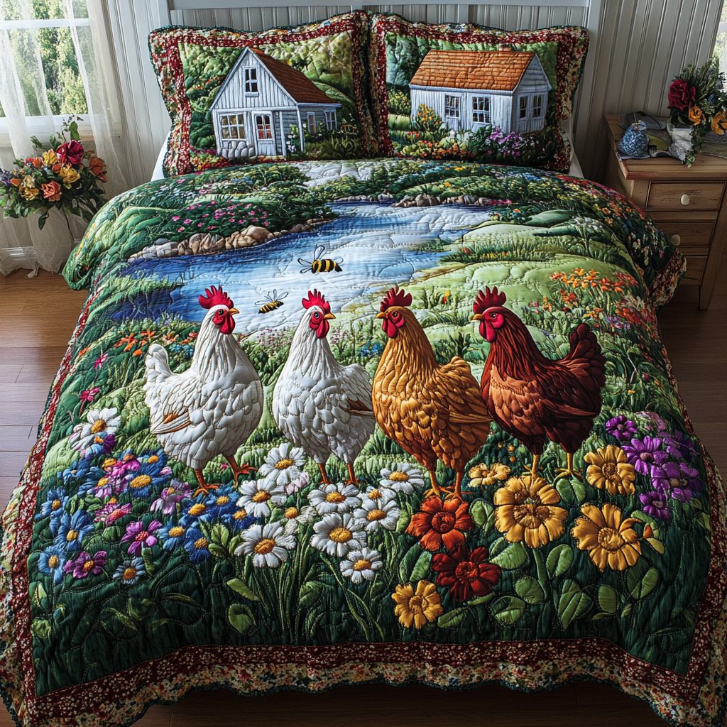 Cluck Life quilted 3-piece bedding set on a made bed with two matching pillow shams