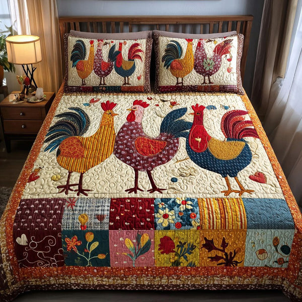 Cluck-tastic quilted 3-piece bedding set on a made bed with two matching pillow shams
