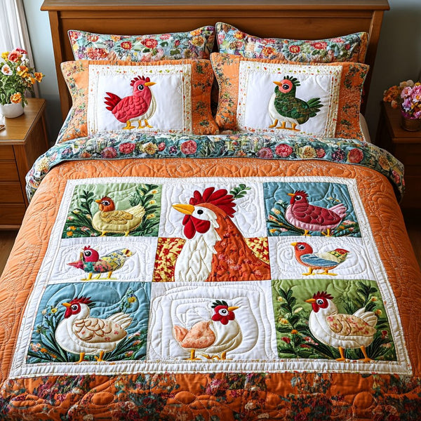 Cluckin Good quilted 3-piece bedding set on a made bed with two matching pillow shams