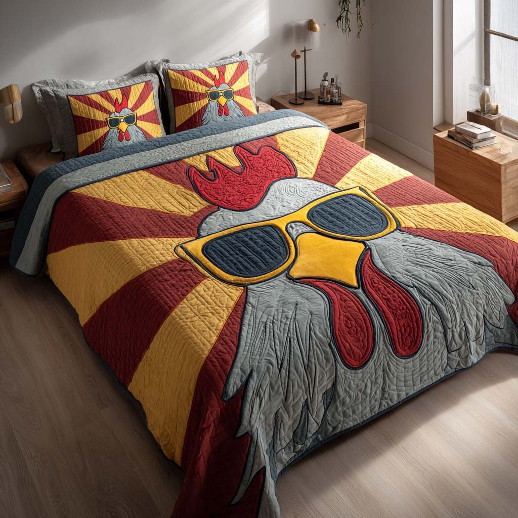 Clucking Fabulous quilted 3-piece bedding set on a made bed with two matching pillow shams