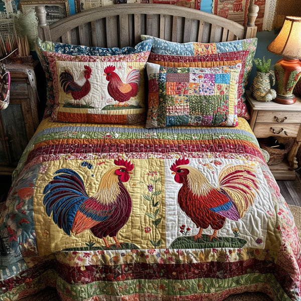 Cluckingham quilted 3-piece bedding set on a made bed with two matching pillow shams