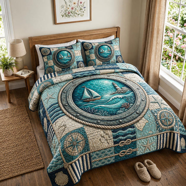 Coastal Anchor quilted 3-piece bedding set on a made bed in a light coastal bedroom