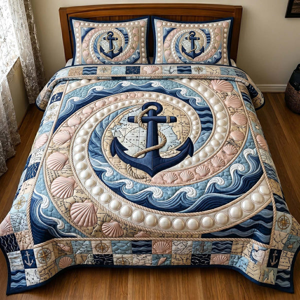 Coastal Anchor quilted 3-piece bedding set on a made bed in a light coastal bedroom