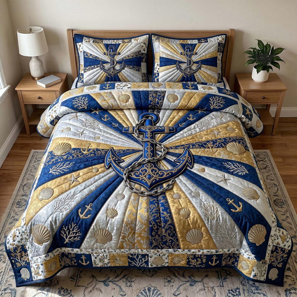 Coastal Anchor quilted 3-piece bedding set on a made bed in a light coastal bedroom