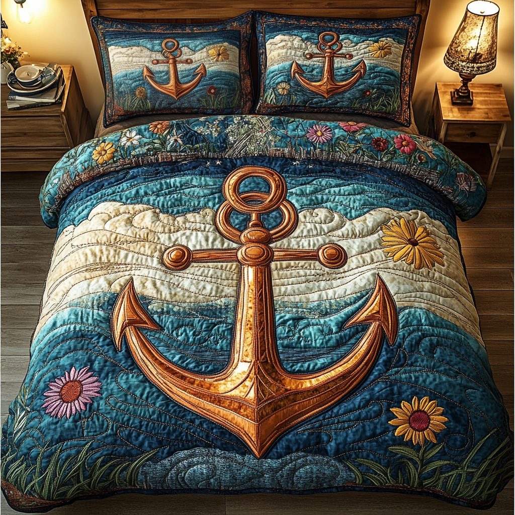 Coastal Anchor quilted 3-piece bedding set on a made bed in a light coastal bedroom