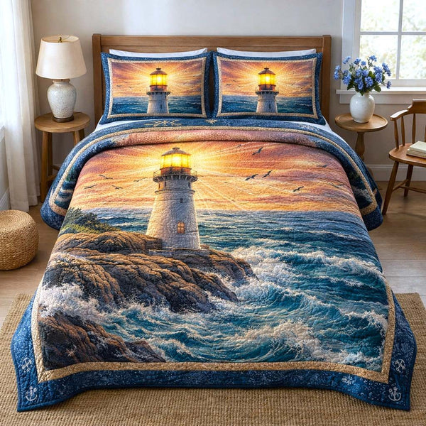 Coastal Beacon quilted 3-piece bedding set on a made bed in a light coastal bedroom