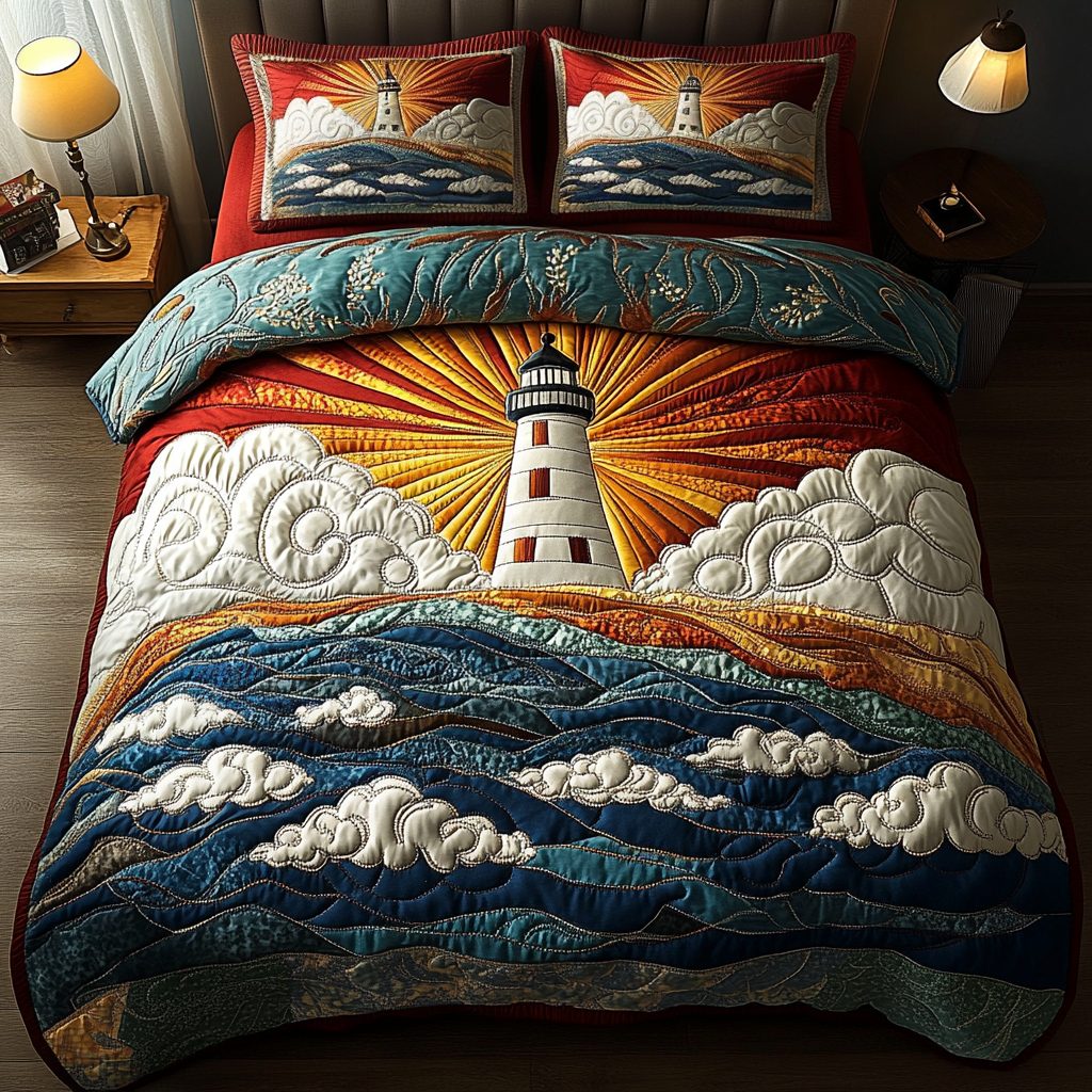 Coastal Beacon quilted 3-piece bedding set on a made bed in a light coastal bedroom