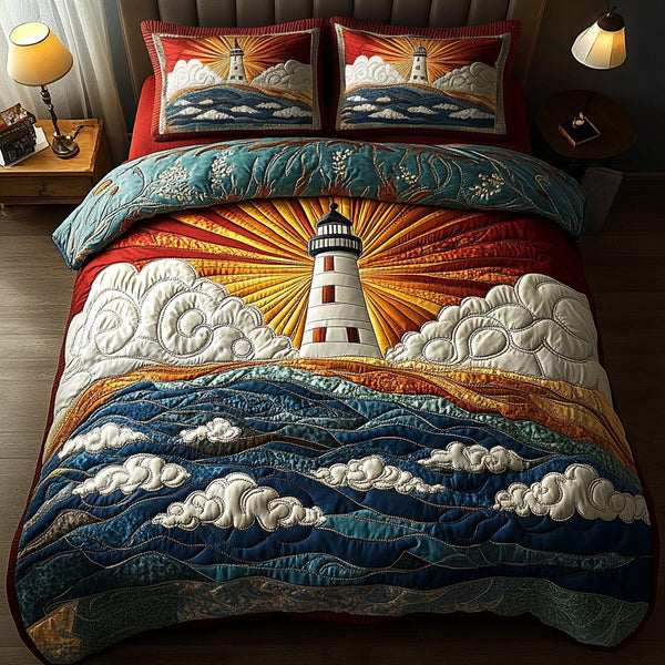 Coastal Beacon quilted 3-piece bedding set on a made bed in a light coastal bedroom