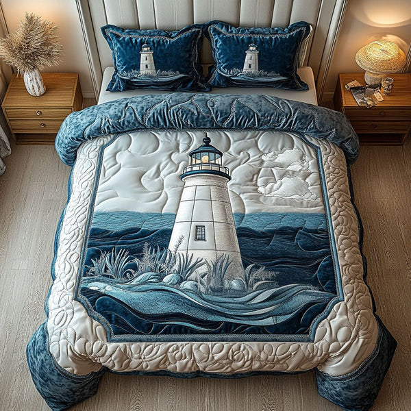 Coastal Beacon quilted 3-piece bedding set on a made bed in a light coastal bedroom
