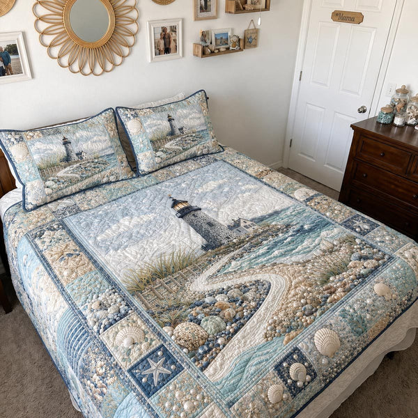 Coastal Beauty quilted 3-piece bedding set on a made bed in a light coastal bedroom