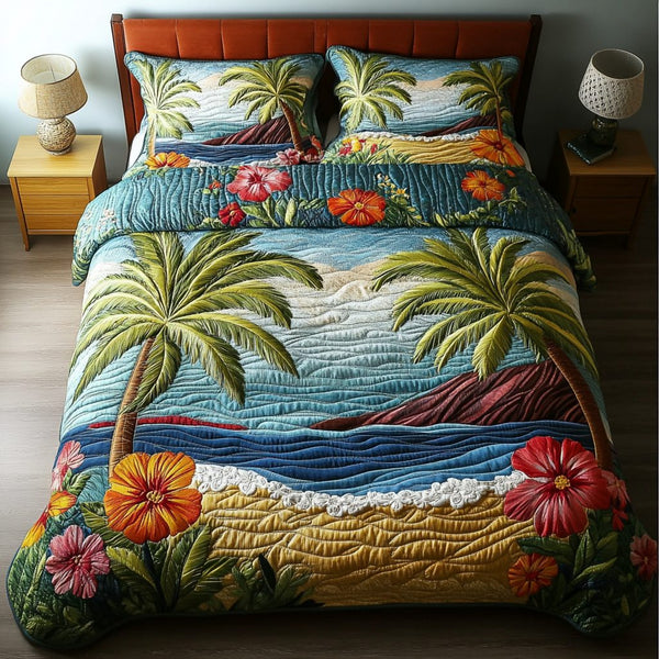 Coastal Bliss quilted 3-piece bedding set on a made bed in a light coastal bedroom