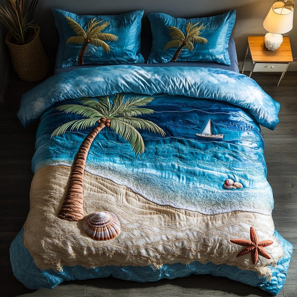 Coastal Bliss quilted 3-piece bedding set on a made bed in a light coastal bedroom