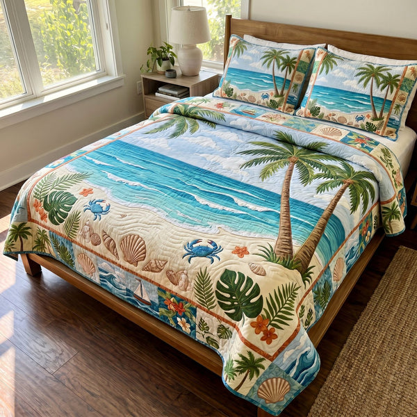 Coastal Bliss quilted 3-piece bedding set on a made bed in a light coastal bedroom