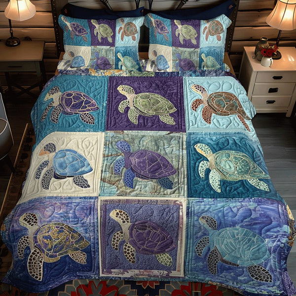 Coastal Bliss quilted 3-piece bedding set on a made bed in a light coastal bedroom
