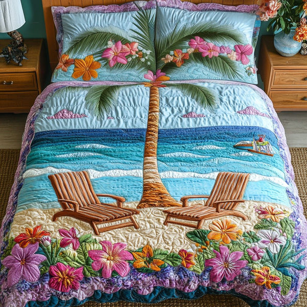 Coastal Bliss quilted 3-piece bedding set on a made bed in a light coastal bedroom