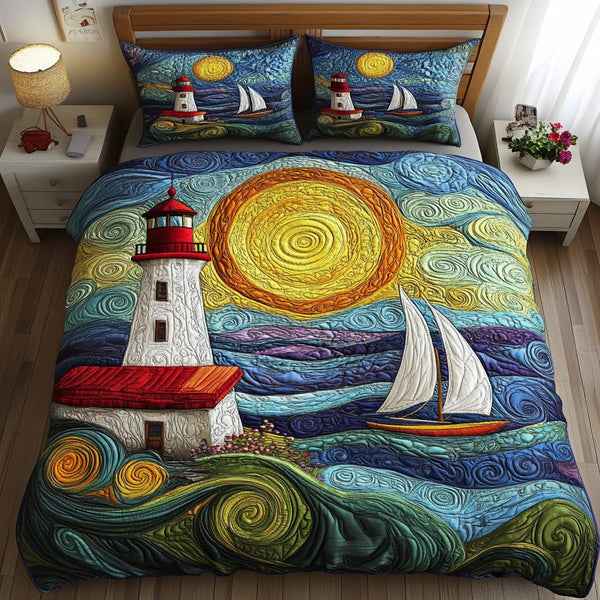Coastal Bliss quilted 3-piece bedding set on a made bed in a light coastal bedroom