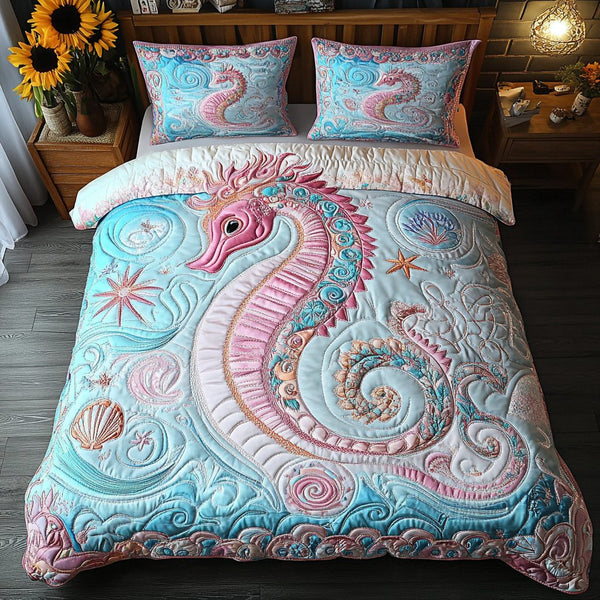 Coastal Bliss quilted 3-piece bedding set on a made bed in a light coastal bedroom