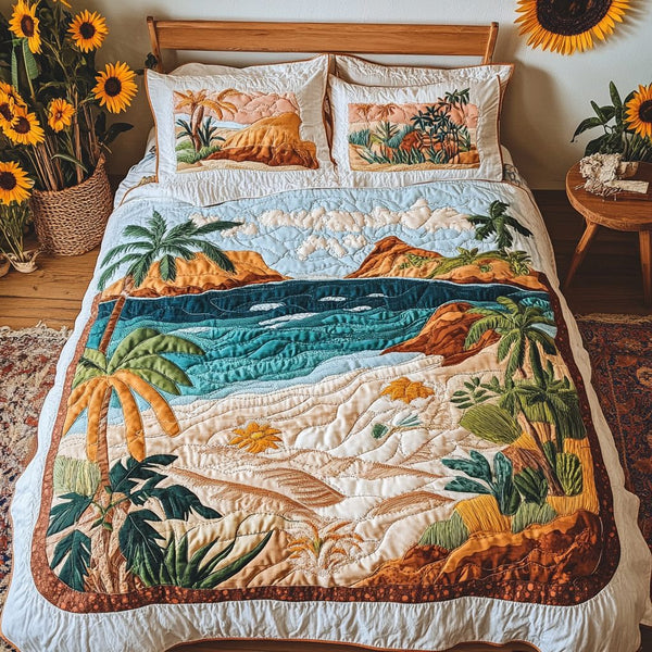 Coastal Bliss quilted 3-piece bedding set on a made bed in a light coastal bedroom