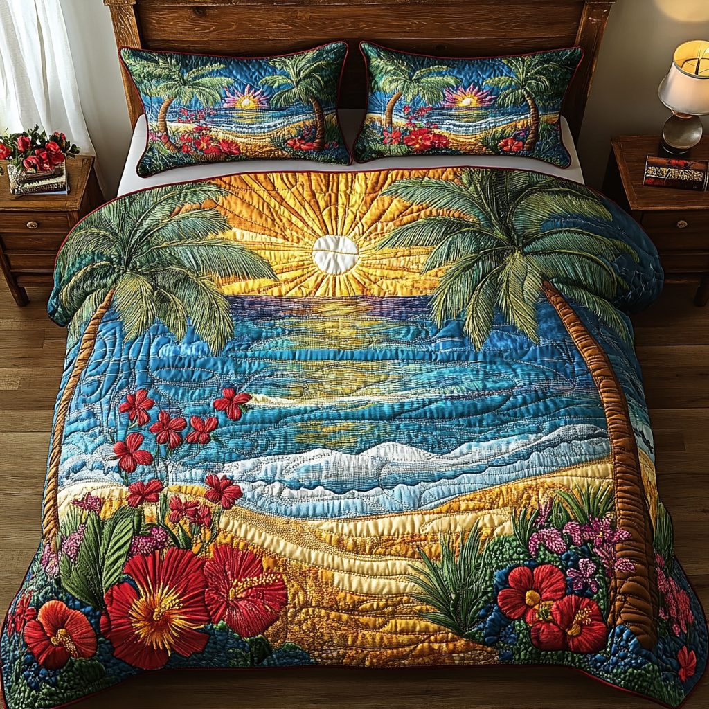 Coastal Bliss quilted 3-piece bedding set on a made bed in a light coastal bedroom