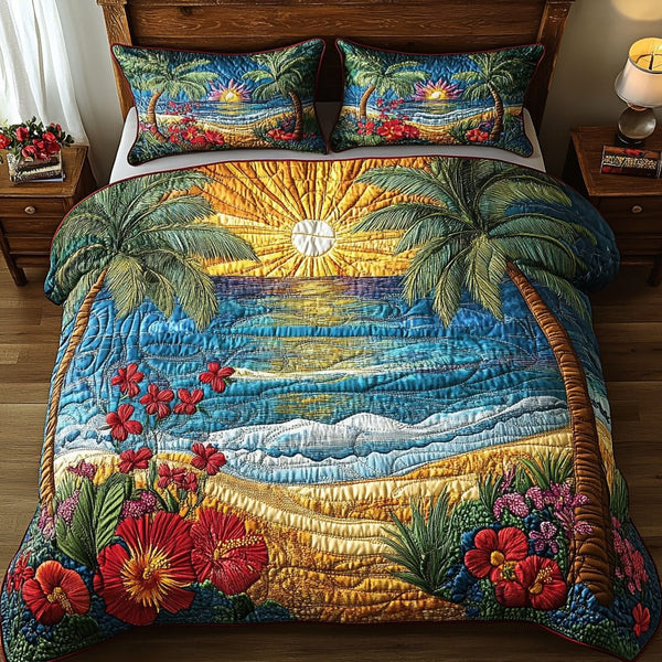 Coastal Bliss quilted 3-piece bedding set on a made bed in a light coastal bedroom