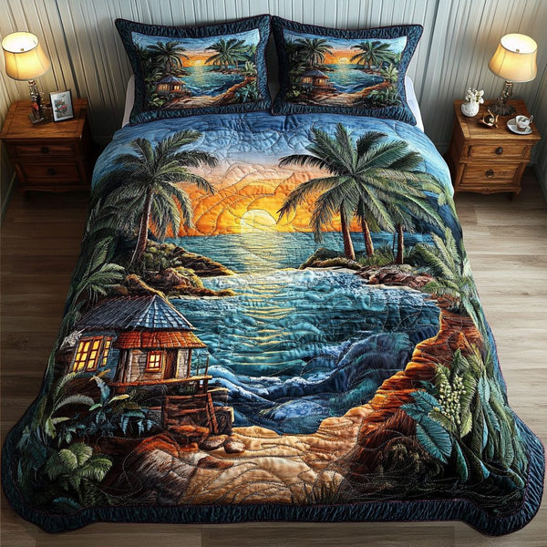 Coastal Bliss quilted 3-piece bedding set on a made bed in a light coastal bedroom