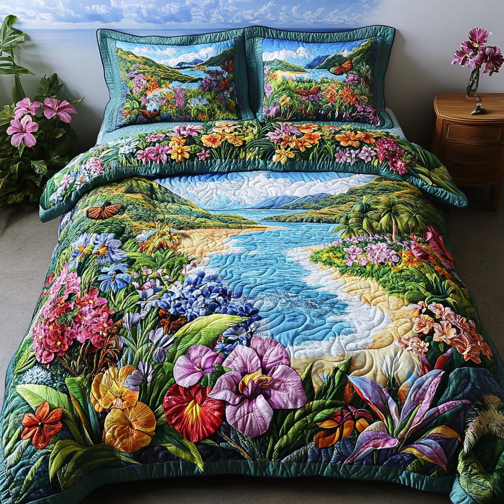 Coastal Bliss quilted 3-piece bedding set on a made bed in a light coastal bedroom
