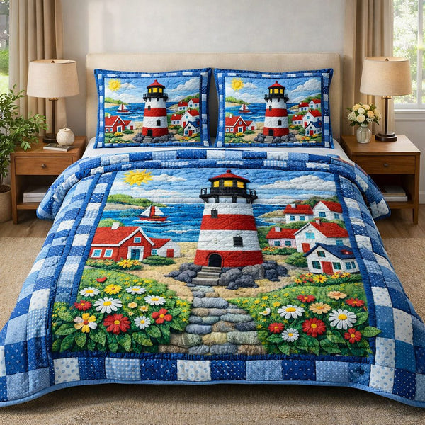 Coastal Breeze quilted 3-piece bedding set on a made bed in a light coastal bedroom