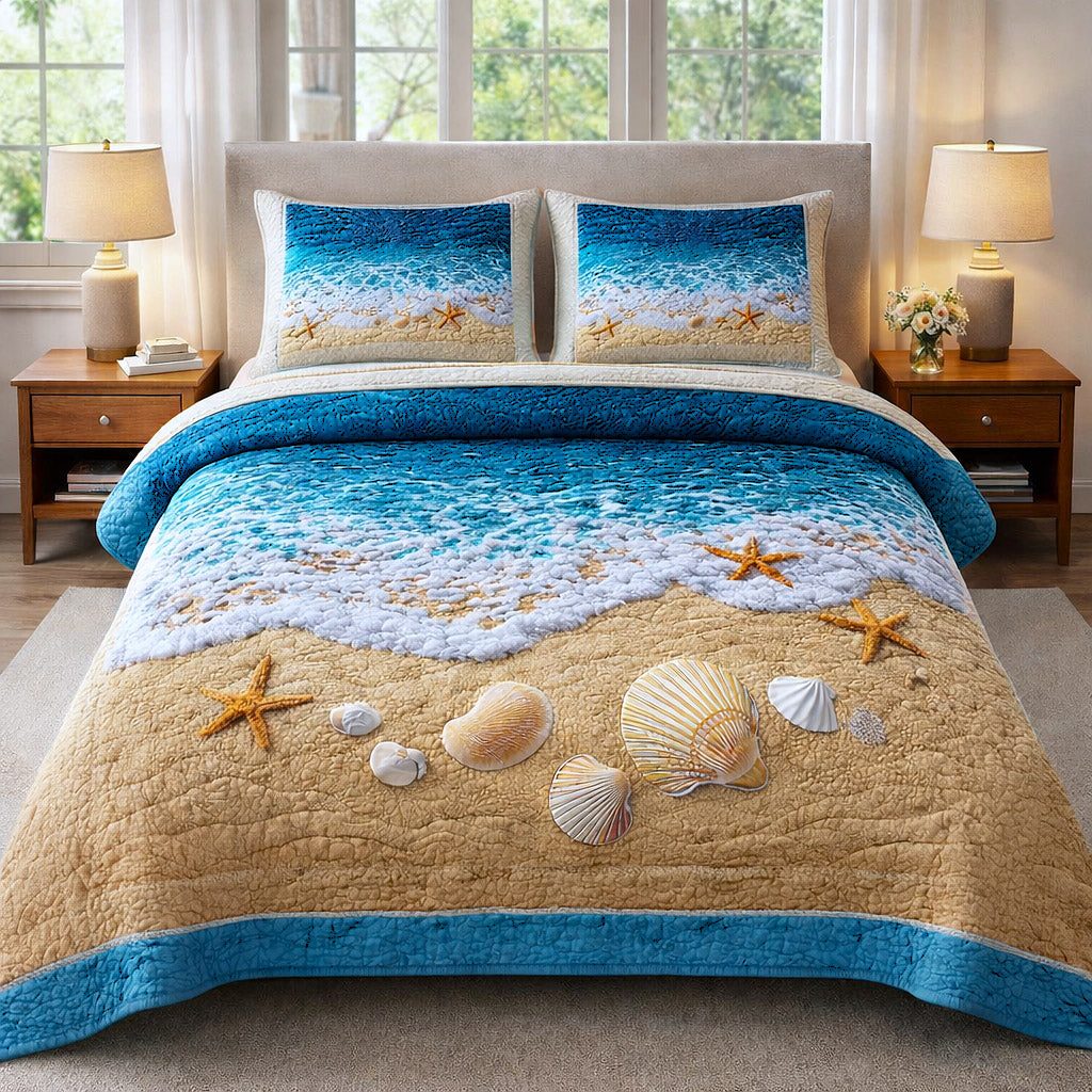 Coastal Breeze quilted 3-piece bedding set on a made bed in a light coastal bedroom