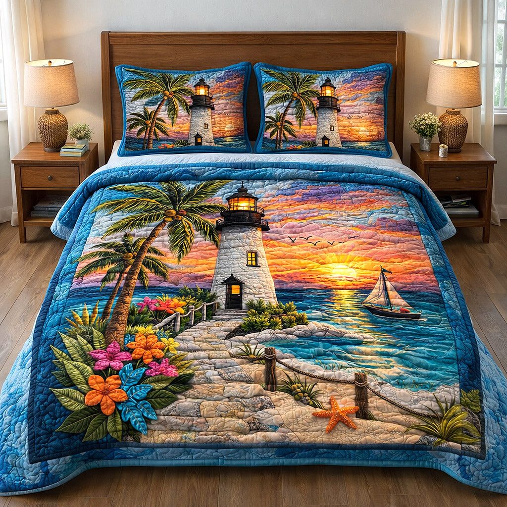Coastal Breeze quilted 3-piece bedding set on a made bed in a light coastal bedroom