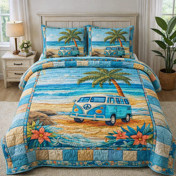 Coastal Breeze quilted 3-piece bedding set on a made bed in a light coastal bedroom