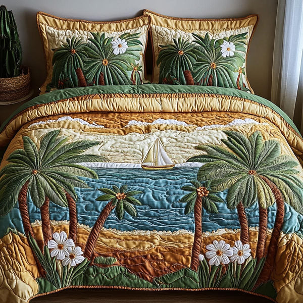 Coastal Breeze quilted 3-piece bedding set on a made bed in a light coastal bedroom