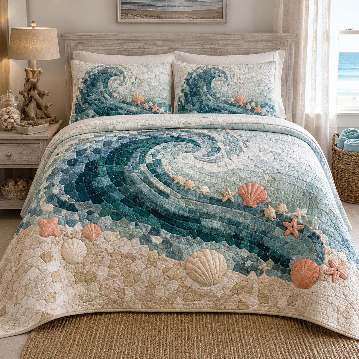 Coastal Breeze quilted 3-piece bedding set on a made bed in a light coastal bedroom