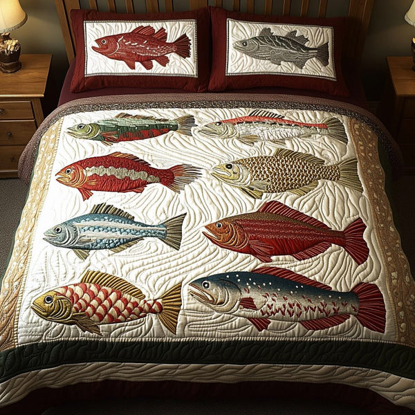 Coastal Breeze quilted 3-piece bedding set on a made bed in a light coastal bedroom