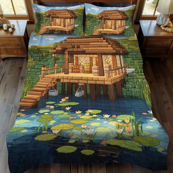 Coastal Cabin quilted 3-piece bedding set on a made bed in a light coastal bedroom