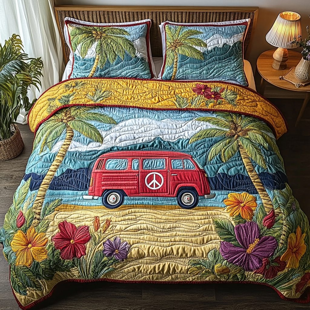 Coastal Calm quilted 3-piece bedding set on a made bed in a light coastal bedroom