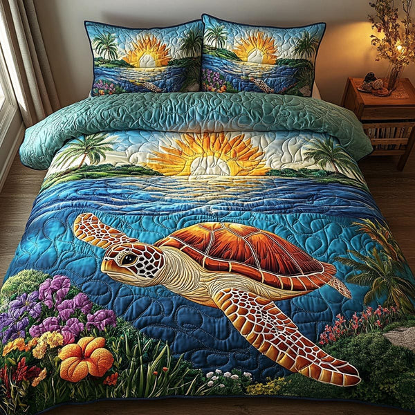 Coastal Calm quilted 3-piece bedding set on a made bed in a light coastal bedroom
